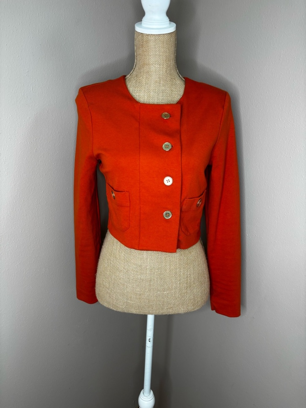 H&M Bright Orange Cropped Gold Button Blazer Size Small Stretch knit